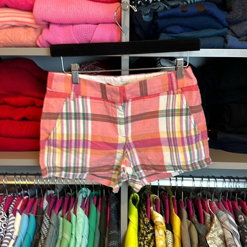 J Crew pink/green/white/yellow plaid 3” shorts size 0
